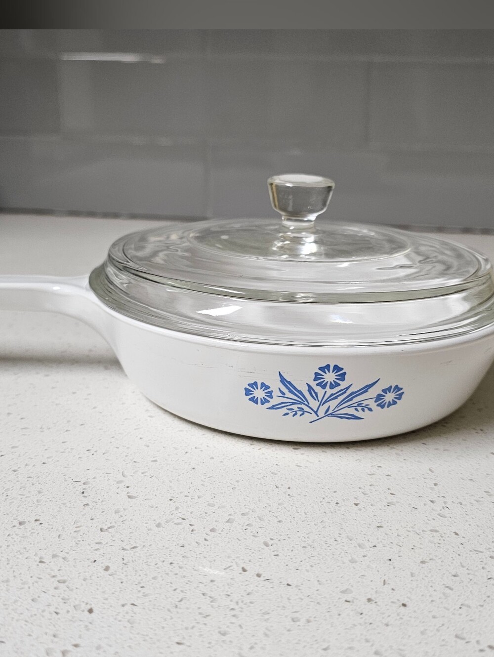 Corningware White Skillet with Blue Floral Cornflower Pattern and Glass Lid